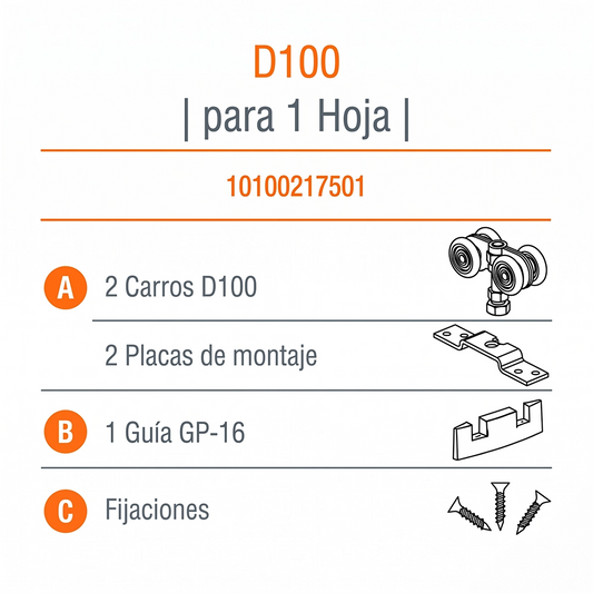 COMPONENTES D-100-DUCASSE INDUSTRIAL-SISTEMA CORREDIZO COLGANTE PARA PORTONES 10100217501 EXCELSIOR PERU