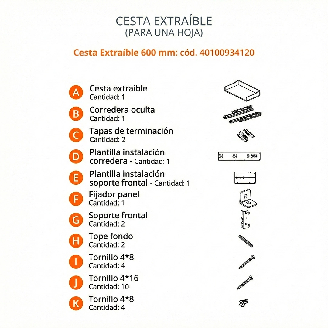 COMPONENTES CESTA EXTRAIBLE-600 MM-DUCASSE INDUSTRIAL-40100934120-EXCELSIOR PERU