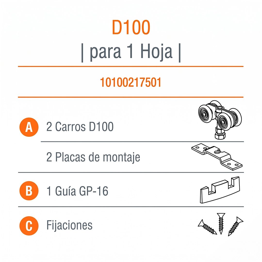 COMPONENTES D-100-DUCASSE INDUSTRIAL-SISTEMA CORREDIZO COLGANTE PARA PORTONES 10100217501 EXCELSIOR PERU